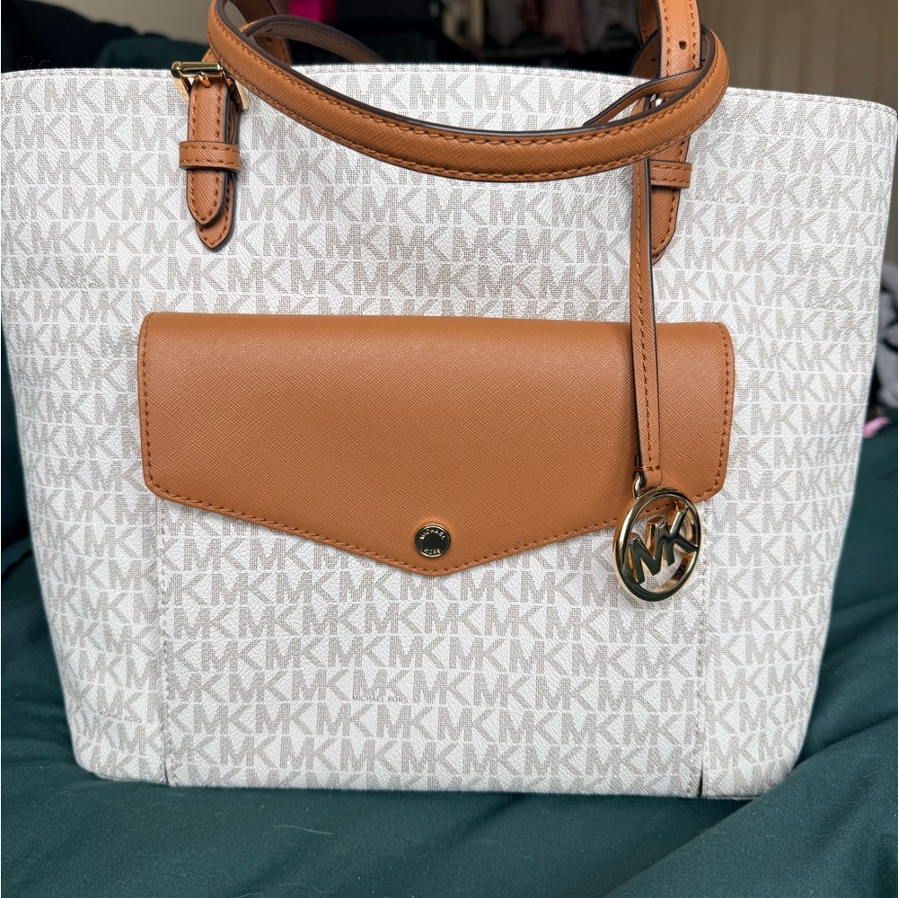 Michael Kors White and Tan Signature Tote Bag